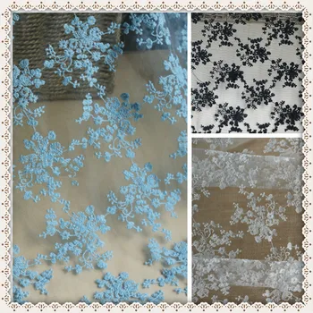 

Free Shipping Three-dimensional cotton embroidery lace fabric white black gauze diy wedding dress fabric width 125cm