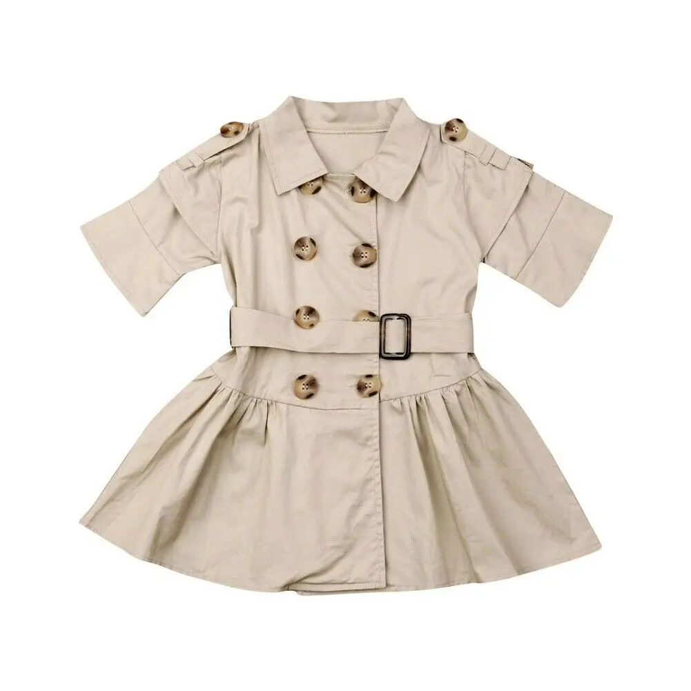 

New Stylish Kid Baby Girl Short Sleeve Clothing Double Breasted Wind Coat Belt Dress