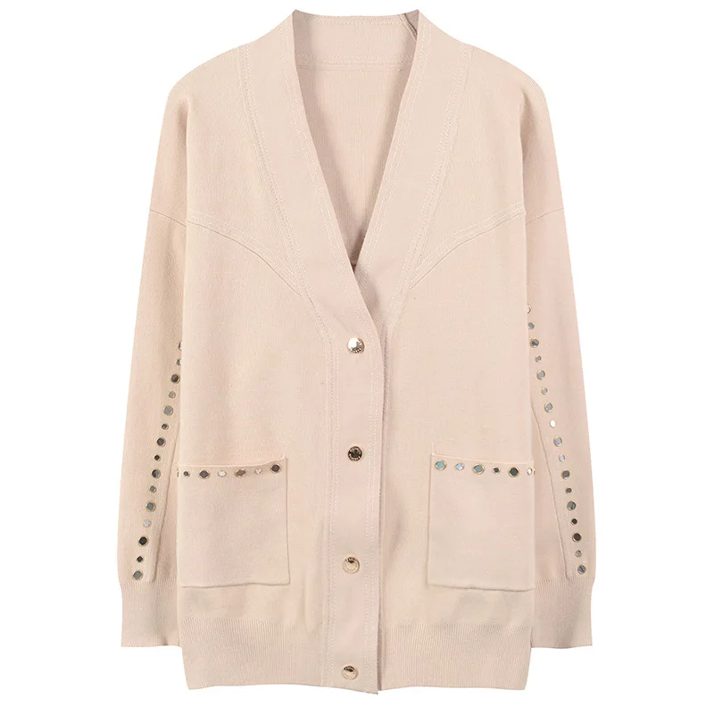 

women beige color cardigan top long-sleeve V-neck Single Breasted Cardigan gentle color knit outerwear top