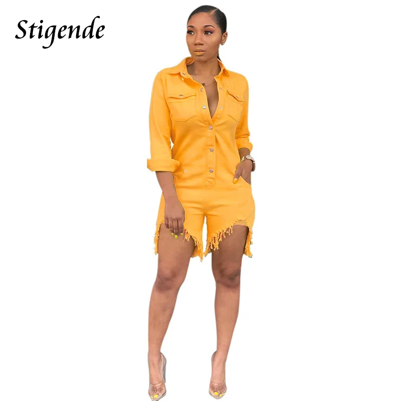 Stigende длинный рукав Bodycon джинсовый комбинезон для женщин отложной воротник короткий комбинезон на пуговицах спереди твердый рваный джинсовый комбинезон