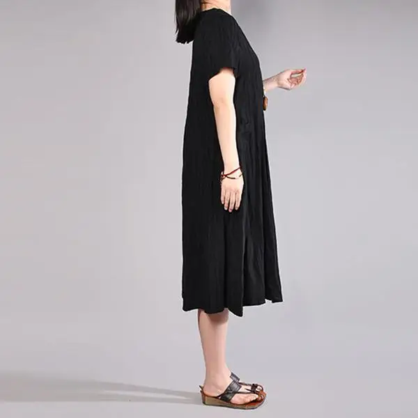 BUYKUD Women Pleated Black Dress Cotton 2018 New Summer Fashion Casual Loose Dresses (4)