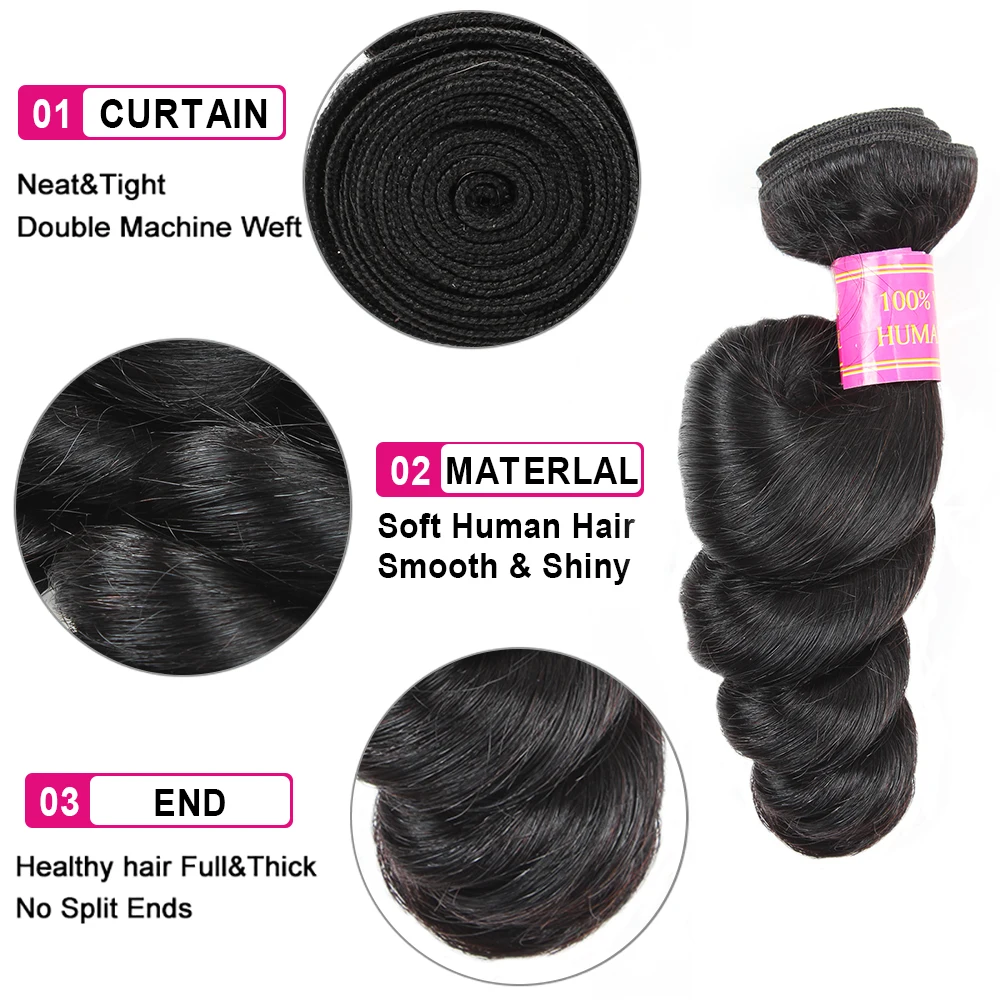 Meetu 4PCS Malaysian Loose Wave Bundles With Frontal 100% Human Hair Ear to Ear Lace Frontal Closure With Bundles Non Remy