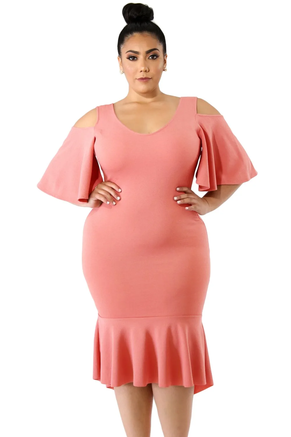 Salmon-Flutter-Sleeve-Cold-Shoulder-Plus-Size-Dress-LC610265-10-1