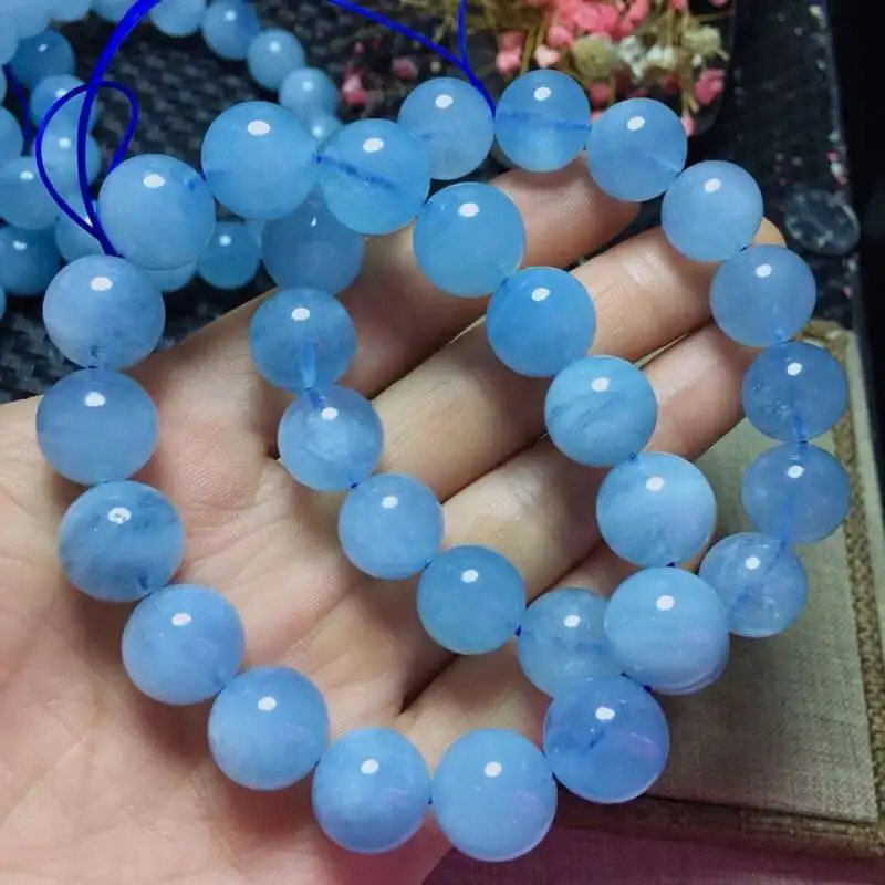 Топ натуральный синий прозрачный Аквамарин Круглый бисер браслет с драгоценными камнями женщина лучший шарик заживление 12 мм 13 мм Горячие