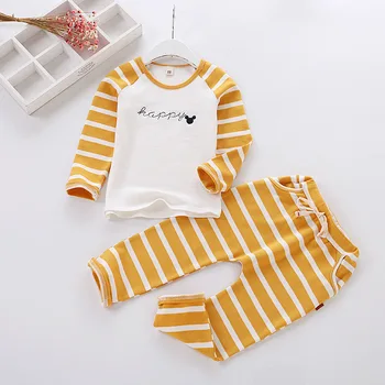 

Spring Newborn Children's Suit Stripe Long Sleeve Tops T-shirt Baby Cute Letter Pattern + Autumn Pure Color Long Pants