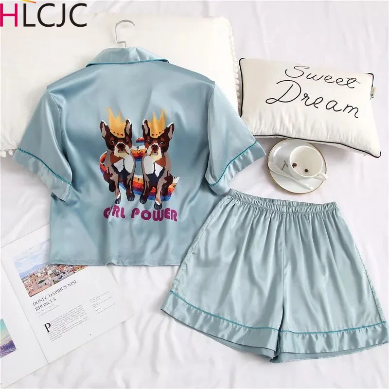 

Womens Satin Silk Pajamas Bathrobe Set Sleepwear Spring Summer Short Sleeve Nightwear 2 Pieces Suit Household Cute Dog Printed
