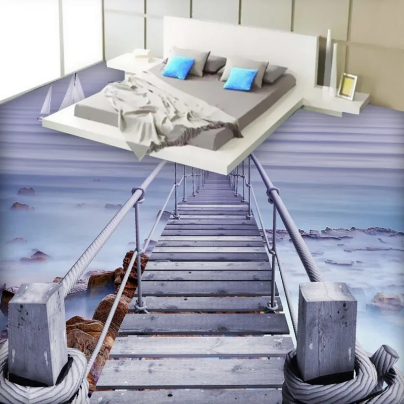 

Free Shipping custom Seaside wooden trestle 3D floor mural bathroom shopping mall street corridor Self-adhesive wallpaper