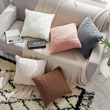 

45x45cm pink/beige/grey/white knitted cushion cover sofa wool lumbar pillowcase vintage double twist pattern pillow cover