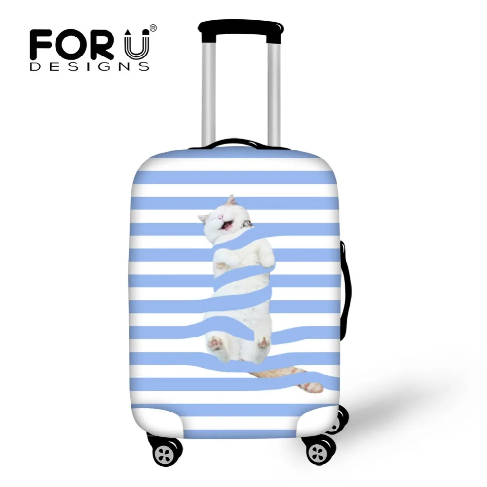 

FORUDESIGNS Cute Cat Blue Stripes Thick Elastic Luggage Protective Cover for 18-30 inch Trunk Case Travel Suitcase with Zipper