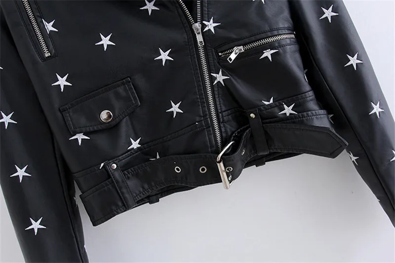 NXH Street Fashion PU Leather Jacket New Womens Star Embroidery Casual Motorcycle Jackets bright streetwear clothes women