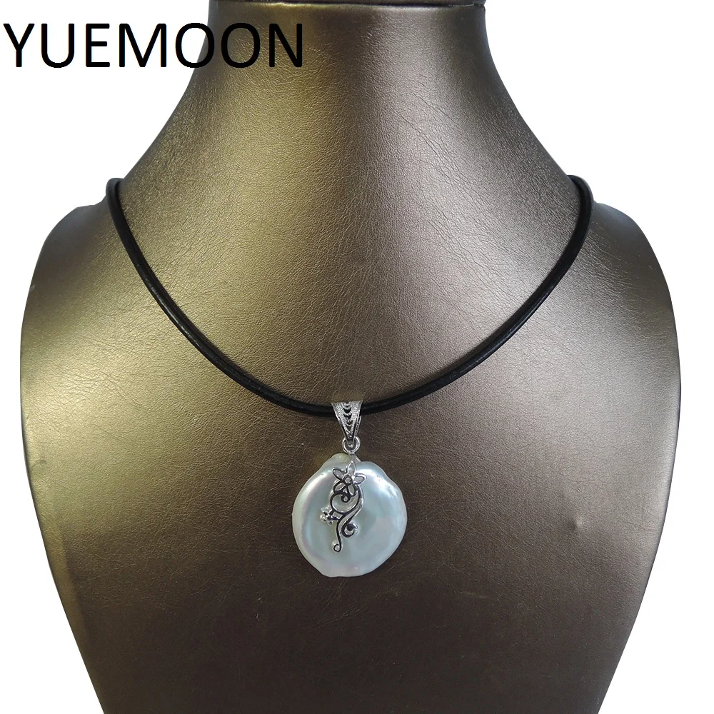 

100% натуральный пресноводный жемчуг кулон ожерелье, натуральная кожа цепь-25-30 мм Монета Форма жемчужная подвеска в стиле барокко ожерелье