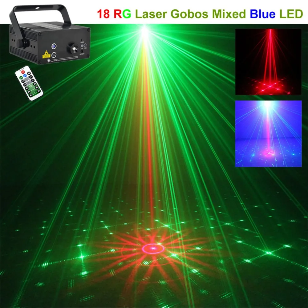 

Mini Remote RG 18 Patterns Laser Lights Effect Projector Mixed 3W Blue LED Music AUTO DJ Home Bar Party Show Stage Lighting 18RG