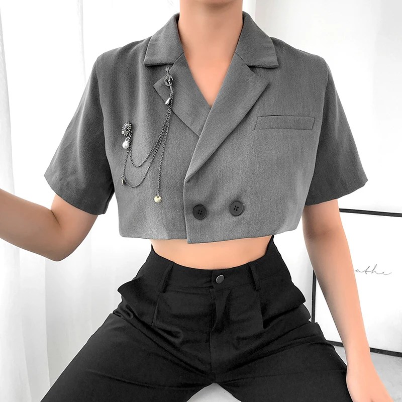 Rapwriter Streetwear Black Notched Single-breasted Blazers Women 2019 Summer Short Sleeve Loose Crop Jacket veste femme blazer
