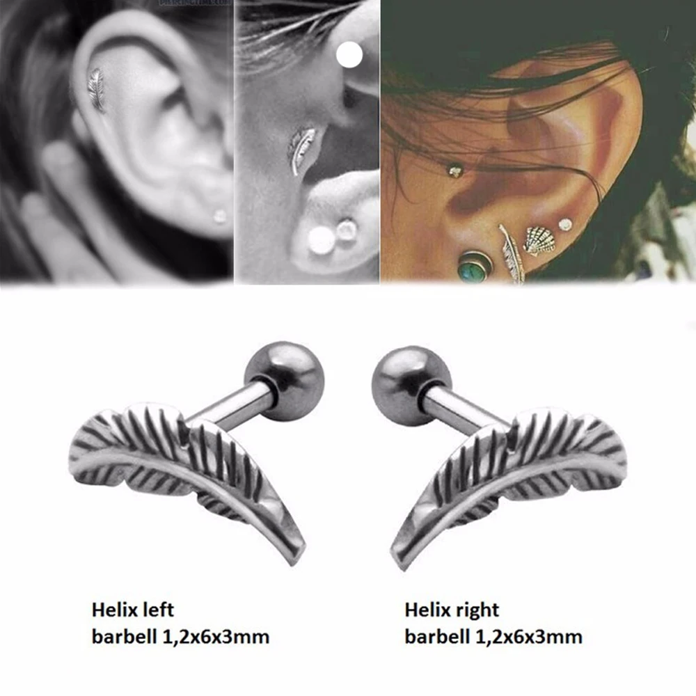 

Pair 316l Surgical Steel Feather Cartilage Helix Barbell Bar Ear Stud Piercing Earring Jewelry For Sexy Girls Fashion 16g
