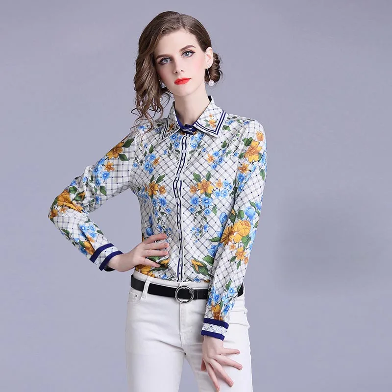 JKKFZY 2018 New Autumn Women Design Runway Plaid Flowers Print Blouse High Quality Full Sleeve Turn Down Collar Work Shirt JKKFZY 2018 New Autumn Women Design Runway Plaid Flowers Print Blouse High Quality Full Sleeve Turn Down Collar Work Shirt