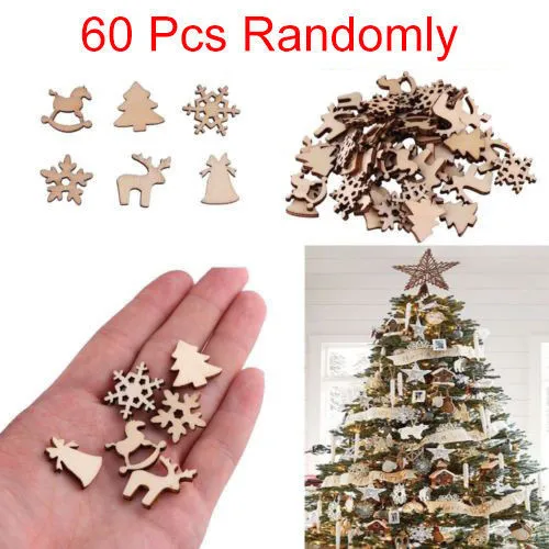 

60Pcs Christmas Wood Chip Tree Ornaments Xmas Hanging Pendant Party Wedding Birthday Decoration Board Game Arts Crafts Gift