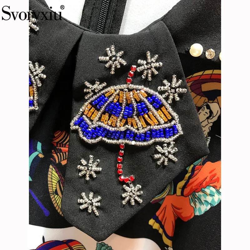 Billig Svoryxiu 2019 frauen Sommer Runway Vintage Kurze Schwarze Kleid Elegante Halbe Hülse regenschirm Gedruckt luxus Party Perlen Kleider