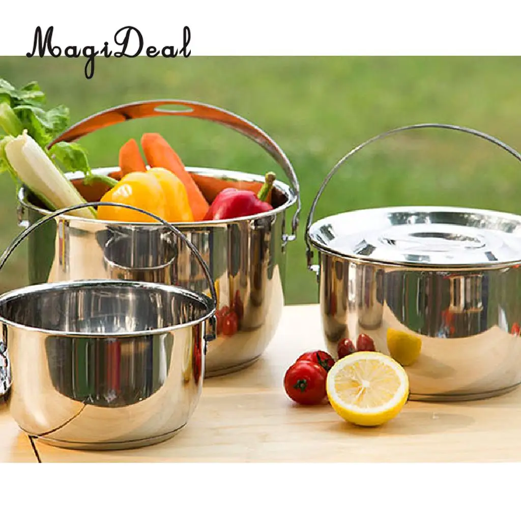 MagiDeal Stainless Steel Outdoor Cookware Pot Camping Picnic Cooking Camp Fire Pan Hanging Pot Pan S M L 