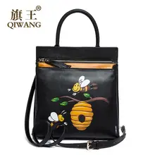 Women bag QIWANG 2016 new genuine leather bag fashion Hand-painted cartoon quality women leather handbags shoulder bag
