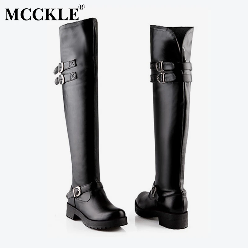 

MCCKLE Plus Size Women Platform Over Knee Boots Thick High Heels Female Buckle Strap Zipper Plush Party Shoes Ladies Fashion