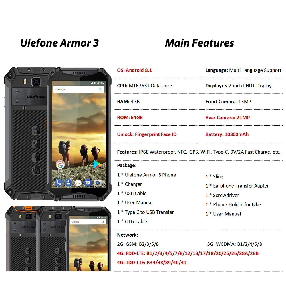 Глобальная версия Ulefone Armor 3 Rugged IP68 водонепроницаемый 4GB 64GB 5,7 '' Octa Core Android 8,1 21MP 10300 mAh 4G LTE смартфон
