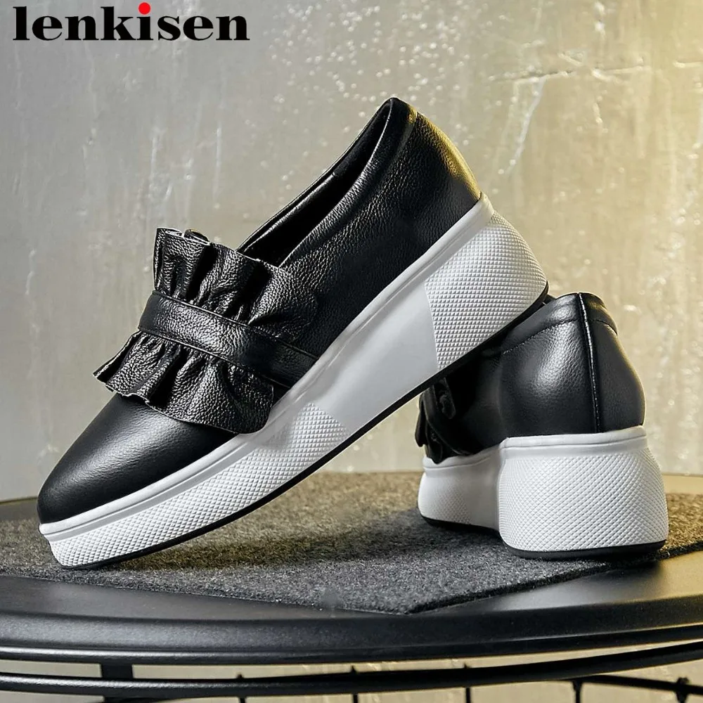 

2019 Spring casual shoes natural leather pleated decoration thick high bottom platform pointed toe sneakers vulcanized shoes L52