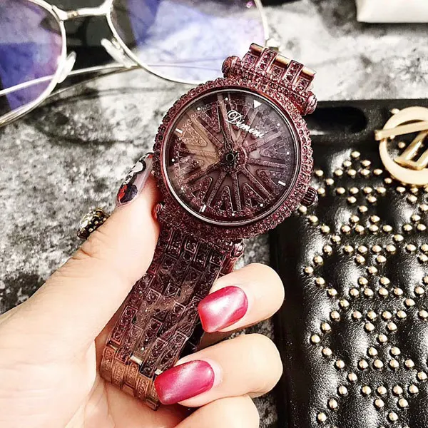 Новые поступления, роскошные Брендовые женские часы, полностью вращающаяся шкала с бриллиантами, наручные часы Relojes Mujer, женские фиолетовые Часы Relogio Feminino - Цвет: Фиолетовый