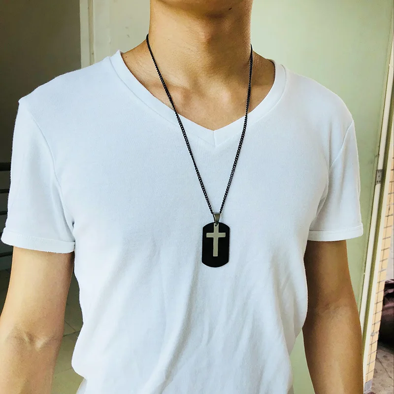 Cross Engraved Dog Tag Pendant Necklace 