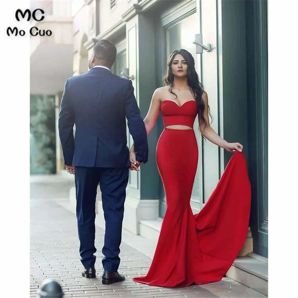 

Sexy Mermaid Prom Dresses Evening Gowns Two Pieces Gown Sweetheart Elastic Satin Red Prom Dress for Women Custom Made