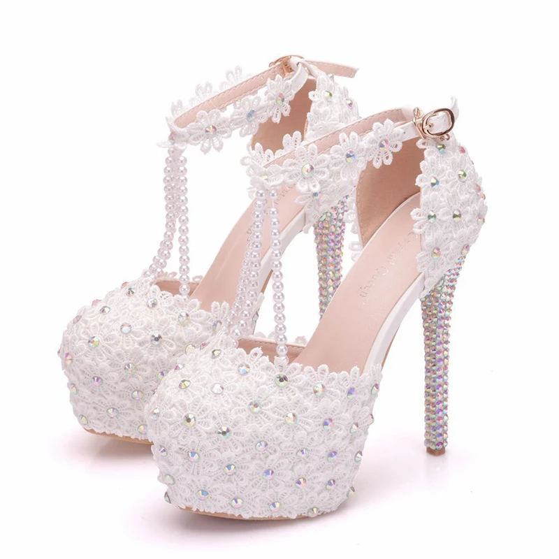 

Lace Pearl White Flowers Bridal Shoes Thin High Heel Platform Shoes With Pearl Pendant Round Toe Wedding Shoes Sandals XY-B0290