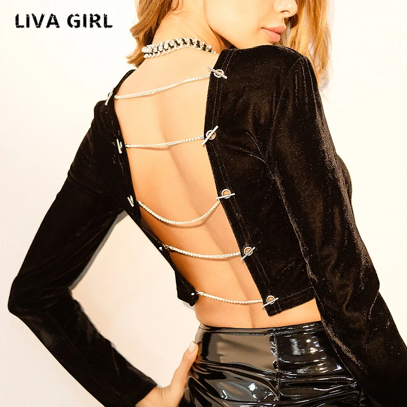 

liva girl 2018 New Fashion Women Tops Shirt Velvet O-Neck Black Long Sleeves Open Back Sexy Tshirt Casual Party Tops