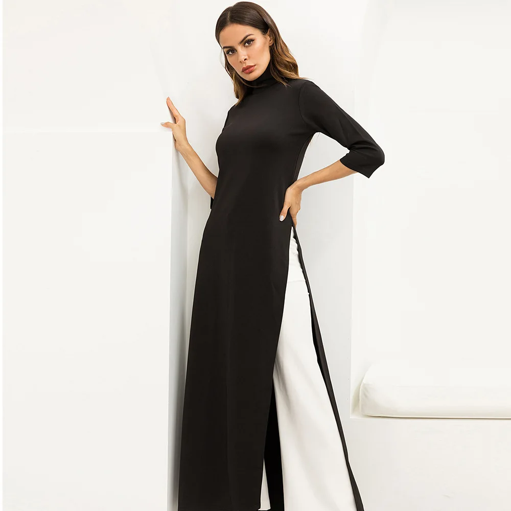 

2019 New Spring Dress Fashion Casual Temperament Solid Large Size Slim Three Quarter Sleeve Turtlenck Long Dress Women ZW196