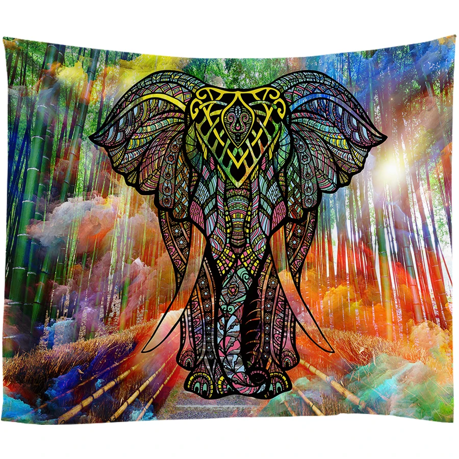 Индийский настенный гобелен с мандалой и слоном, декоративный настенный ковер в богемном стиле, красочные облака, бамбуковый лес, хиппи, одеяло для йоги