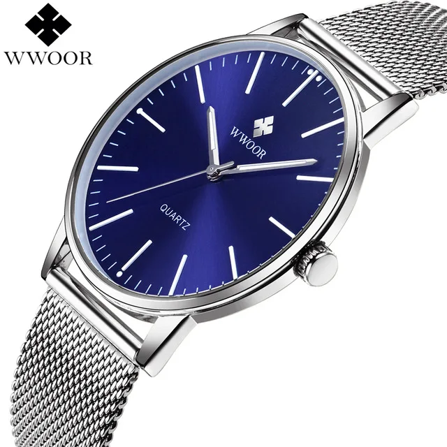 WWOOR Male Hour Blue Watch Men Quartz Wristwatch Mens Thin Analog Clock Stainless Steel Luminous Water Resistant erkek saat 2018