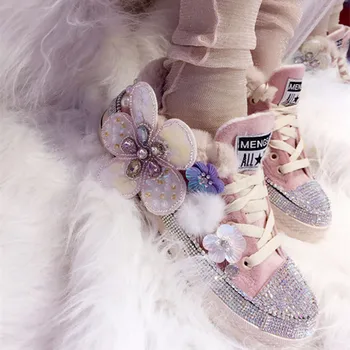 

Plush Canvas Women Shoes Casual Crystal Beaded Vulcanize for Party Banquet Girls Lady Student Gift-ideal Flats Sneakers