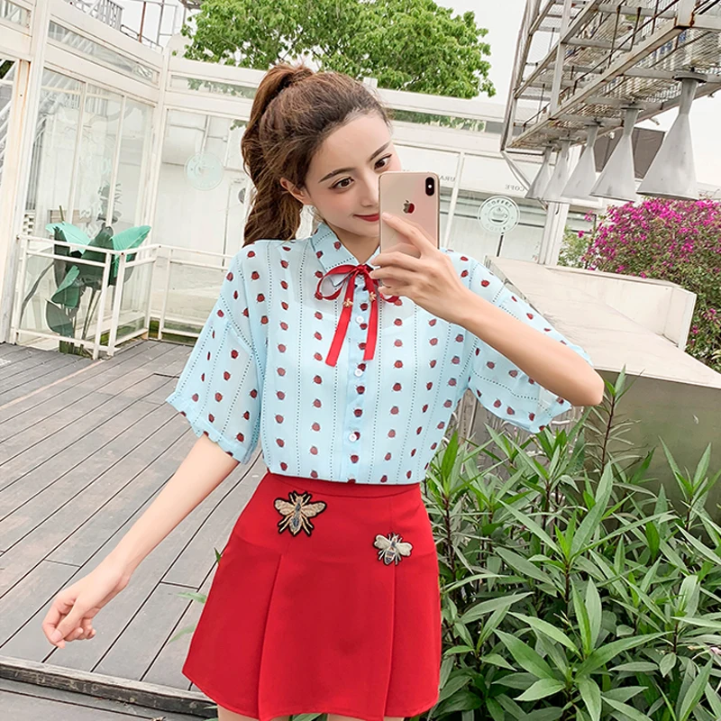 

Summer Women's Skirt 3 Piece Suits Designer Animal Print Bow Chiffon Shirts +Embroidery Bees Mini A Line Skirts +vest