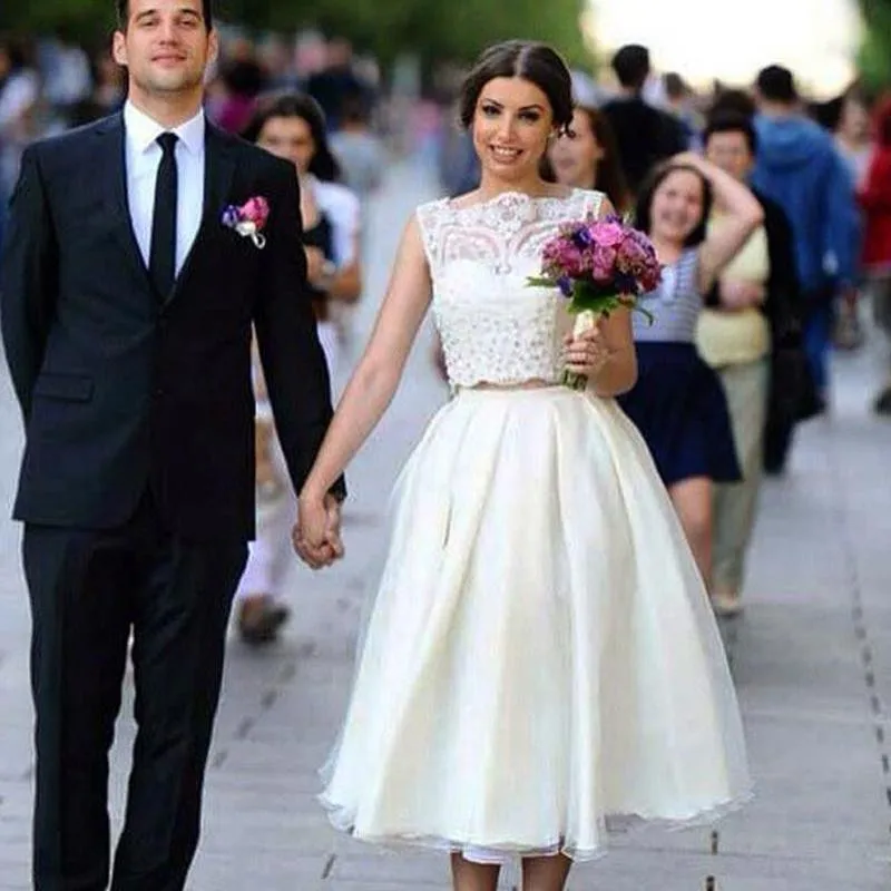 2 Pieces Wedding Dresses Short A Line Lace Tea Length Sleeveless