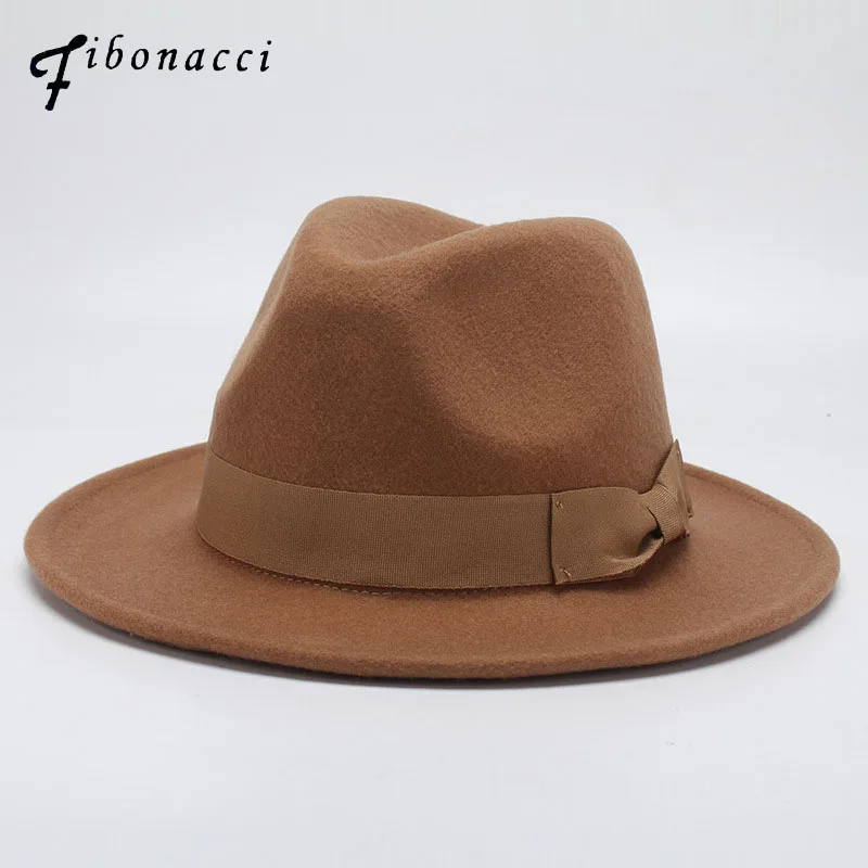 

Fibonacci Autumn Winter Wide Brim Fedora Men Brown Jazz Hat Flat Brim Felt Cap Trilby Wool Bowler Hats for Women Jewish Hat