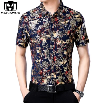

MIACAWOR New Camisa Masculina Floral Print Casual Shirt Men Summer Short Sleeve Shirts Slim Fit Camiseta Hombre C460