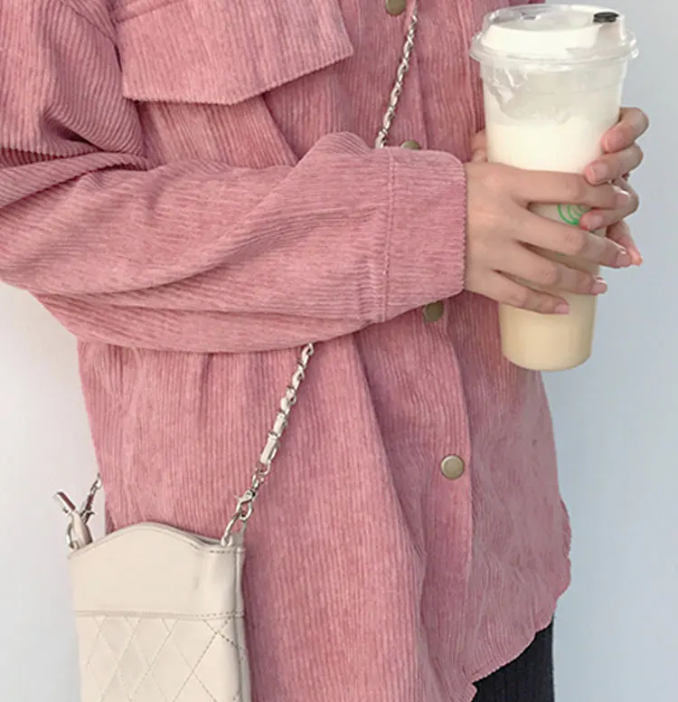 Tanie 2019 nowych moda kobieta sztruksowa kurtka koszulka solid pojedyncze piersi skręcić w dół kołnierz z długim rękawem kieszeń przycisk Feminina T8D501Z