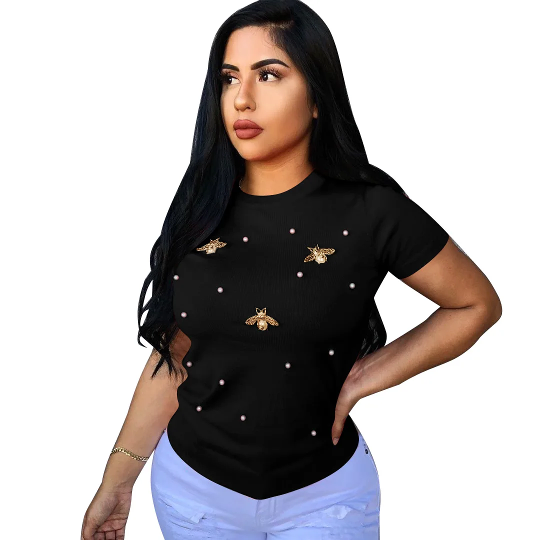 

2019 women new o-neck short-sleeved beads beads betterfly splicing classic t-shirt summer t-shirt top outfit p8291
