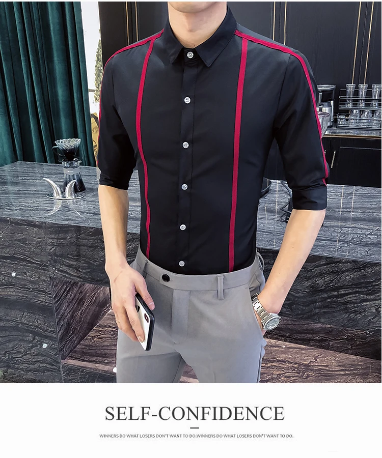Черный, красный рубашка в полоску для мужчин лето 2019 г. Slim Fit дизайнер Camicia Uomo вечерние рубашки для мальчиков Chemise Homme 5xl