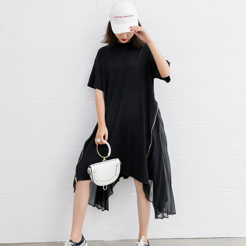 TWOTWINSTYLE Сетчатое лоскутное платье Женский шифон короткий рукав молния Сплит
