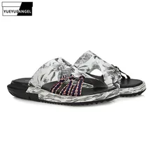 Модные с цветочным принтом Harajuku мужские тапочки пояса из натуральной кожи летняя пляжная обувь мужские слипоны на толстой платформеповседневные сандалии на плоской подошве