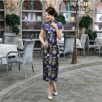 

Blue Floral Sexy Long Chinese Women's Dress Traditional Satin Cheongsam Elegant Short Sleeve Qipao S M L XL XXL XXXL C0033-B