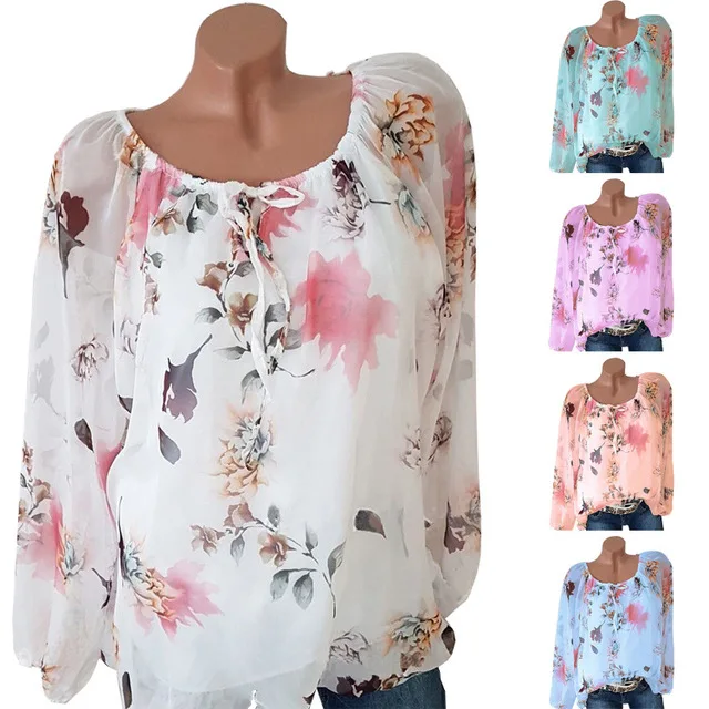 Tie-Slash-Neck-Printed-Long-Sleeve-Women-Shirts-Summer-Tops-Leisure-Shirt-White-Print-Half-Sleeve