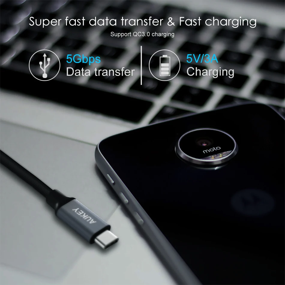AUKEY de 3A USB tipo C Cable USB trenzado C teléfono móvil rápido de tipo-C Cable de cargador de datos para Samsung Galaxy S9 S8 Nota 8 Xiaomi USB-C