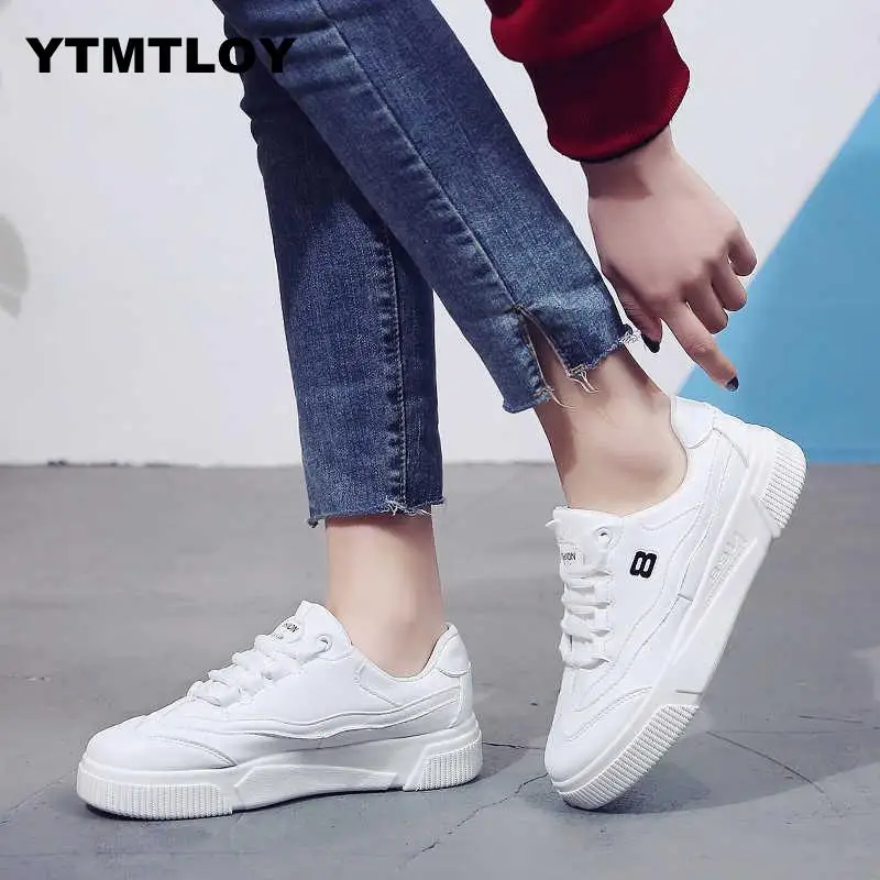 

New 2019 Fashion Women Casual Shoes Leather Platform Shoes Women Sneakers Ladies White Trainers Chaussure Femme Summer 4CM