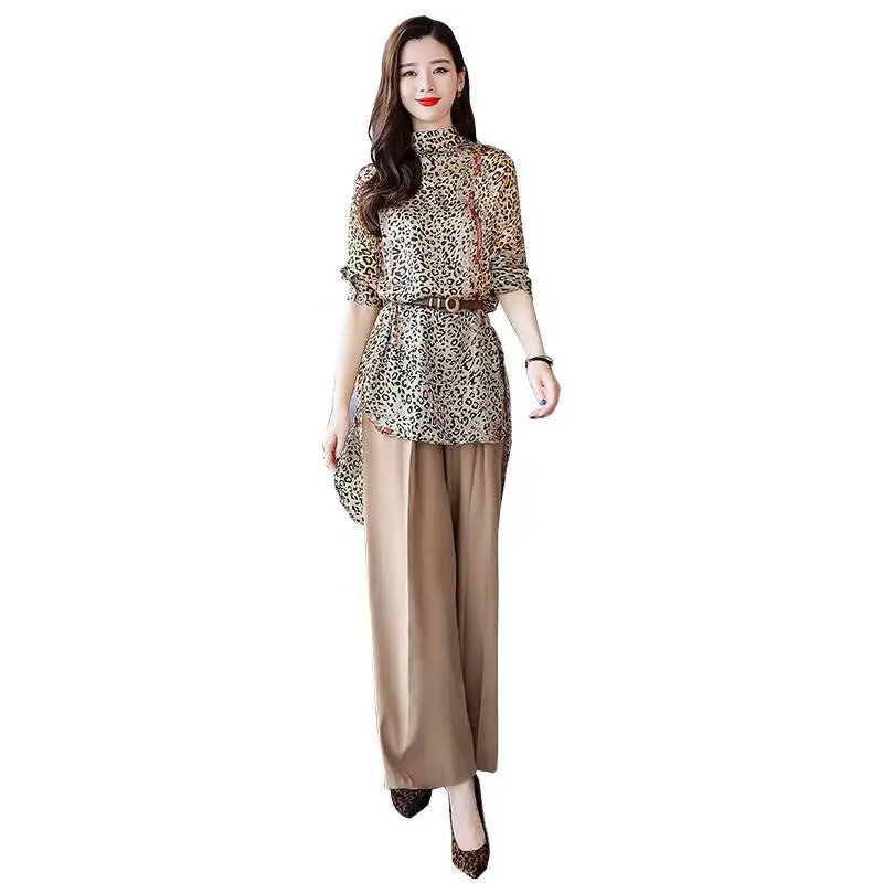 

2019 Two Piece Set Spring Autumn Casual Leopard Print Turtleneck Belt Chiffon Tops+Wild Leg Pants Womens Clothing 2pcs Set J181