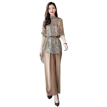

2019 Two Piece Set Spring Autumn Casual Leopard Print Turtleneck Belt Chiffon Tops+Wild Leg Pants Womens Clothing 2pcs Set J181